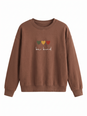 SD Hoodies Be Kind brown crew neck front view triple heart embroidery