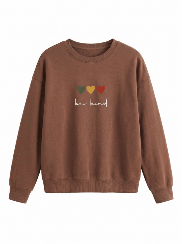 SD Hoodies Be Kind brown crew neck front view triple heart embroidery