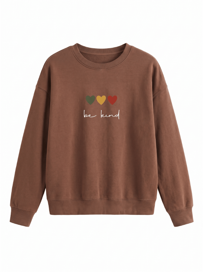 SD Hoodies Be Kind brown crew neck front view triple heart embroidery