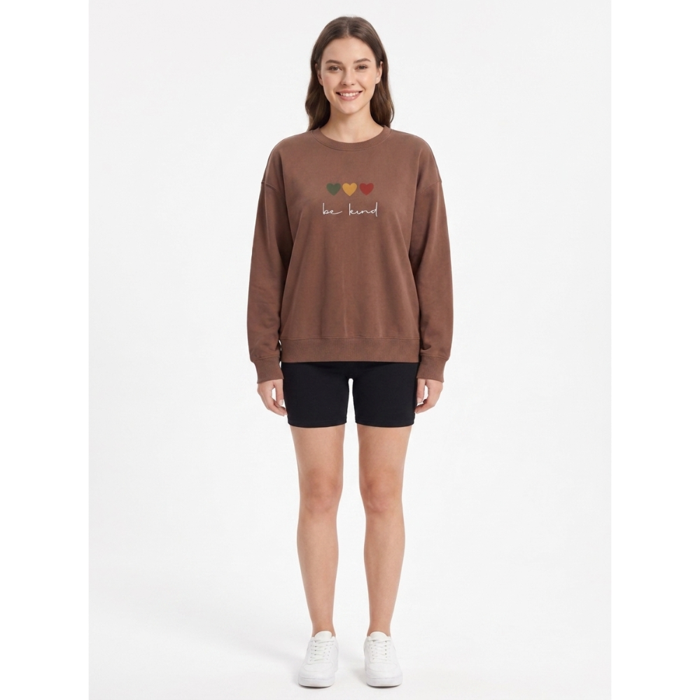 Model wearing SD Hoodies Be Kind brown embroidered crew neck relaxed fit