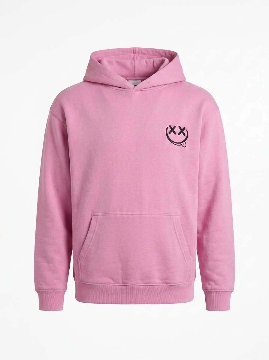 SD Hoodies XX pink hoodie front view smiley face embroidery 360gsm