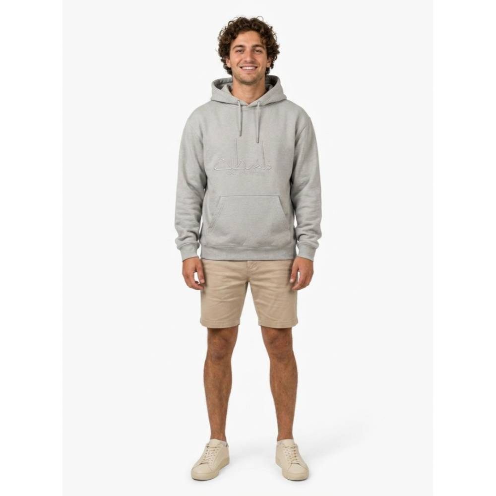 Model wearing DUTCHAFRO Palestine gray embroidered hoodie oversized fit streetwear