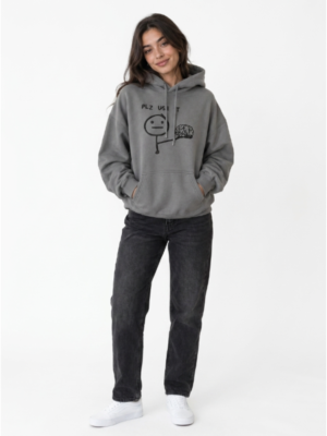 Model wearing SD Hoodies, PLS USE IT BLACK embroidered Kangaroo pocket hoodie